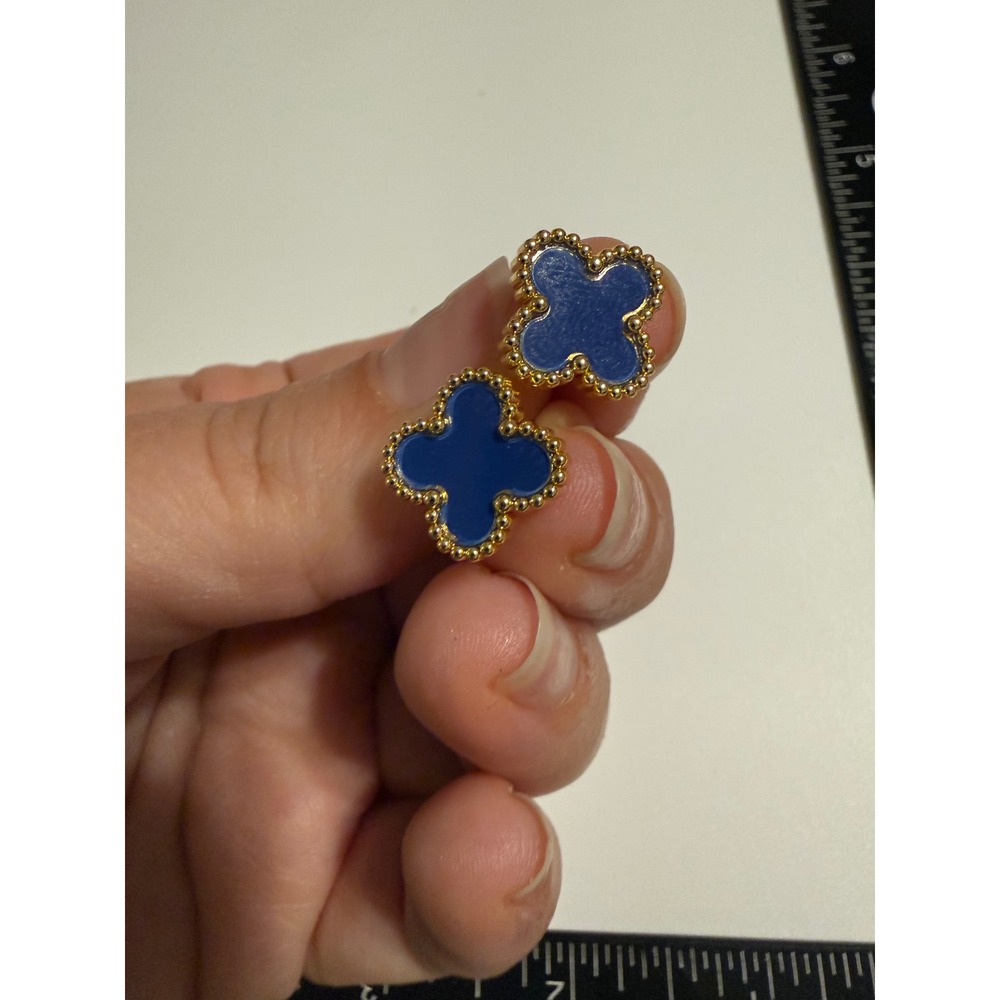 Blue Clover Stud Earrings Gold Tone Beaded Edge Enamel Four Leaf Flower Jewelry
